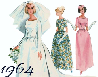 Vintage Wedding Dress Detachable Train McCALLS 7572 sz 13 bust 33" 1960s Wedding Dress Modest Wedding Dress Long Sleeve Wedding Dress