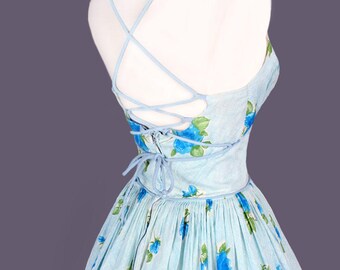 1950's Blue Floral Fit & Flare Vintage Dress - Mid Century Style, Sun Dress, 1960's Summer Dress, Full Skirt - Size: Small - 24" waist