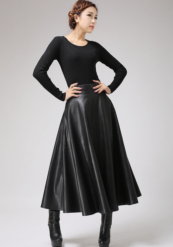Black faux leather skirt Classic style maxi skirt women PU