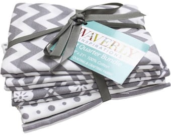 Fabric Bundle, Quilting Fabric, Fat Quarters, Chevron/Dots/Stripes, Craft Supplies, Waverly Fabric, Sewing Material, 5 Piece Grey/White