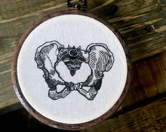 Hand Embroidered Hoop Art of Pelvic Bone, Skeletal Illustration
