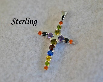 Sterling Silver Multi Gemstone Cross Pendant, Sterling Pendant, Christian Jewelry, Catholic Jewelry, Religious Jewelry, Silver Cross 18-215