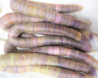 2.0 oz Handcrafted Alpaca Rolags - 1.2 oz Alpaca Hand Dyed Purple, blended w/.8 oz Merino Hand Dyed Gold, Olive, Mahogany & Oranges