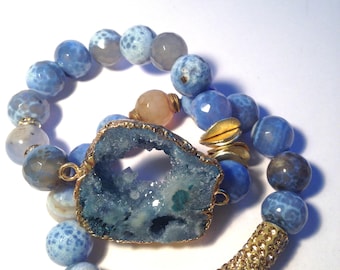 Blue Druzy Rock Agate Set with Gold Wavy Spacers and Long Gold Pave Bar