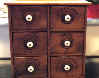Vintage Victorian Antique Hanging Wooden Eight Draw Porcelain Knob Spice Box
