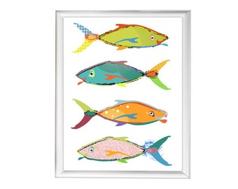 fish print, abstract art, kids bathroom art, kids bathroom decor, beach art, kids bathroom art, childrens art, coastal art, beach house art
