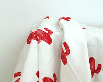 Tea towel with red cactus, hand-stamped