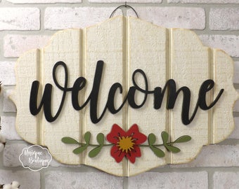 Spring Door Sign Welcome sign Flower Door Hanger Cream White Red painted wood shiplap sign Rustic Fixer upper Farmhouse Decor Door Hanging
