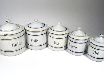 5 Vintage French Enamelware Canisters