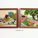 Vintage Needlepoint Cottage / Landscape Art, Wood Framed Crewel Set