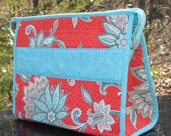 READY to SHIP-Open Wide Bag-LARGE-Perfect as a Sewing Kit, Lingerie Bag, Cosmetic/Toiletry Bag-Salmon/Coral and Teal