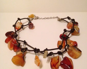 On Sale Amber Stone and Leather Big Bold Chunky Statement Necklace