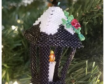 Candle Lit Lantern Ornament, Hand Beaded, old fassioned look.