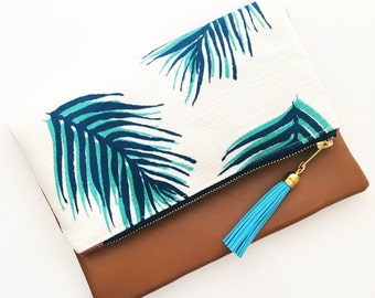 Boho Tassel Clutch in Palm Leaf Fabric with Tan Faux Leather and Tassel