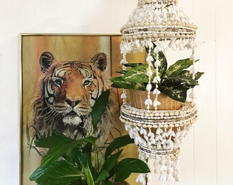 vintage seashell plant hanger - cowrie shell hanging planter - boho beach decor