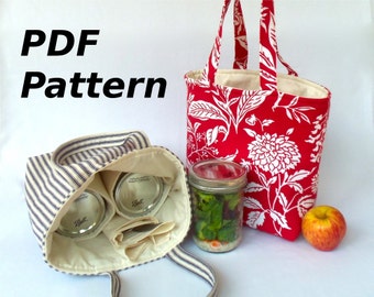 Zero Waste Mason jar carrier bag PATTERN, Jars to Go Bag instant download DIY mason jar lunch bag PDF - now in quart, pint and half-pint
