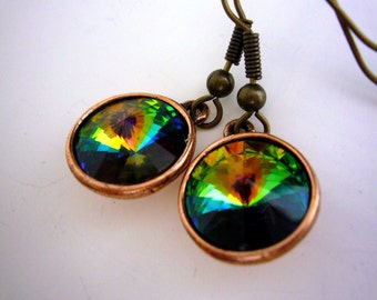 Green Swarovski Crystal Earrings, Vitrail Medium Rivoli Earrings, Multicolor Bridesmaid Earrings, Bridal Party Gift, Bridesmaid Jewelry,
