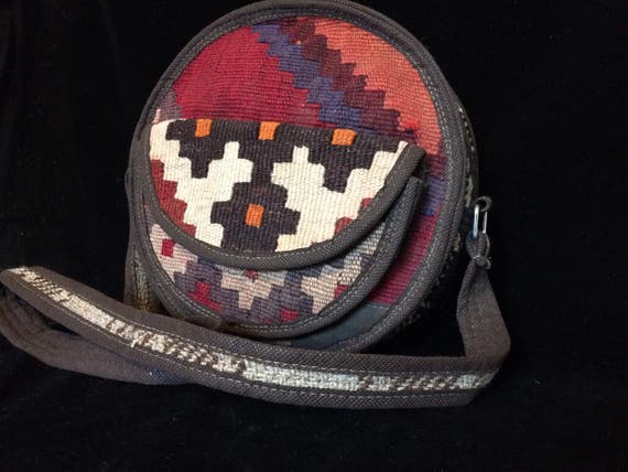 Round Kilim Shoulder Bag, vintage hand Woven kilim bag, Bohemian Style, Bohemian gift for him, vintage kilim