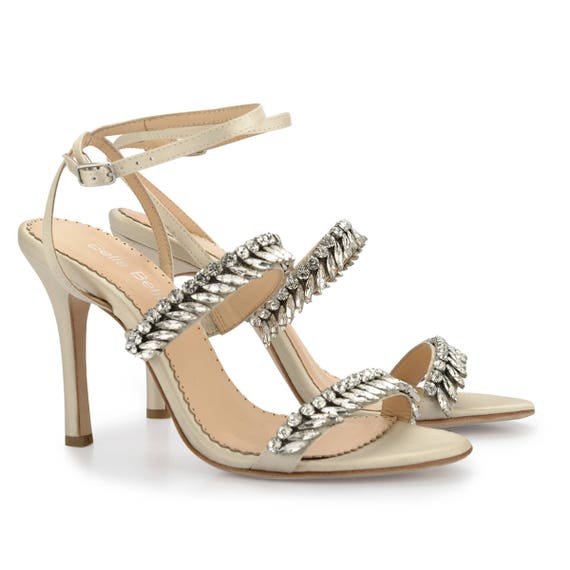 Champagne Jeweled Strappy Heels With Ankle Strap Crystal