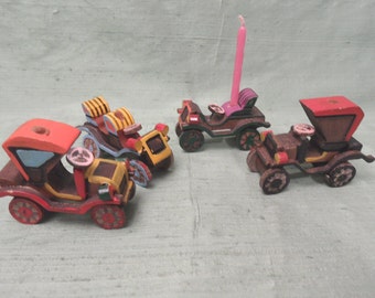 Set of 4 vintage, painted wood car birthday candle holders / cake candle holders child birthday