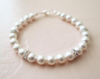 Bridal Pearl Bracelet, Pearl Crystal Bracelet, Wedding Bracelet, Swarovski Pearl, Classic, White Pearl Bracelet, Rhinestone, Bridesmaid Gift