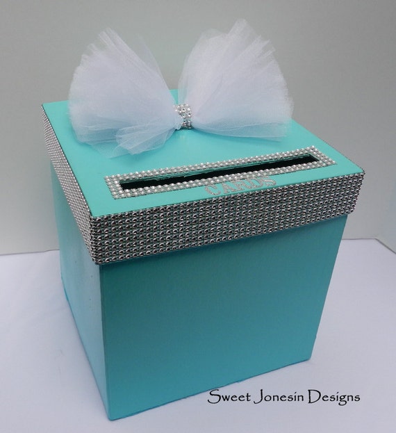 blue bling wedding card box bling mesh ribbon money holder