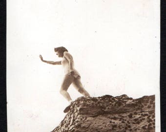 Vintage Snapshot Photo Unusual Pose Swimsuit Girl Standing on Rock Low Angle 1930's, Original Found Photo, Vernacular Photography