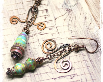 Gypsy earrings, Hippie earrings, Bohemian earrings for women, Mismatched earrings, Boho earrings for her, Tribal earrings, Copper earrings