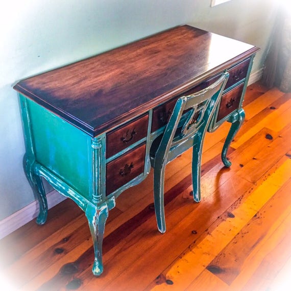 3 Piece Burnt Wood Antique Desk Chair & Side Table Set