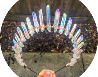 The Sarah - Angel Aura quartz crown headband with silver gold or rose gold wire