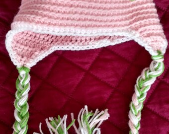 Girls Earflap Beanie with Braids and White Rose, Toddler, Baby