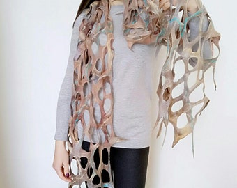 Felt scarf Boho shawl Lace felt scarf Wearable art Merino wool Unique scarf Fashion scarf art Extra long scarf Scarf with holes Women gift