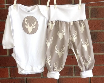 BABY UNISEX OUTFIT trendy deer // gray harems and applique bodysuit // newborn 3 6 12 18 months // unisex baby shower // premium fabric