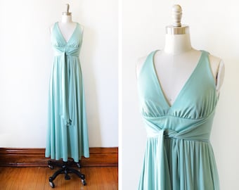 70s maxi dress, vintage 1970s disco dress, seafoam green wrap jersey grecian dress, extra small xs