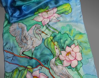 Hand painted silk scarf. Blue scarf with herons. Bird scarf. Designer scarf. Made to order.