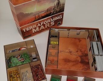 Terraforming Mars board game insert/organizer/storage solution, easy game setup, fits expansions, wood, sleeved cards ok, player cube trays