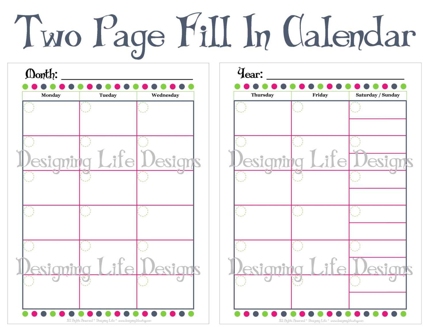 Two Page Calendar Printable PDF Fill In Dates for Reuse