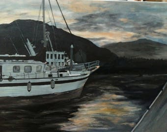 Oil on wrapped canvas sides painted night sky reflecting off water Seward Alaska 18x24