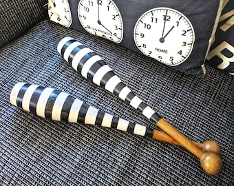 Vintage collectible pair wooden juggling pins decor item man cave display Indian pins Jugglers Black and White striped wood sporting pins