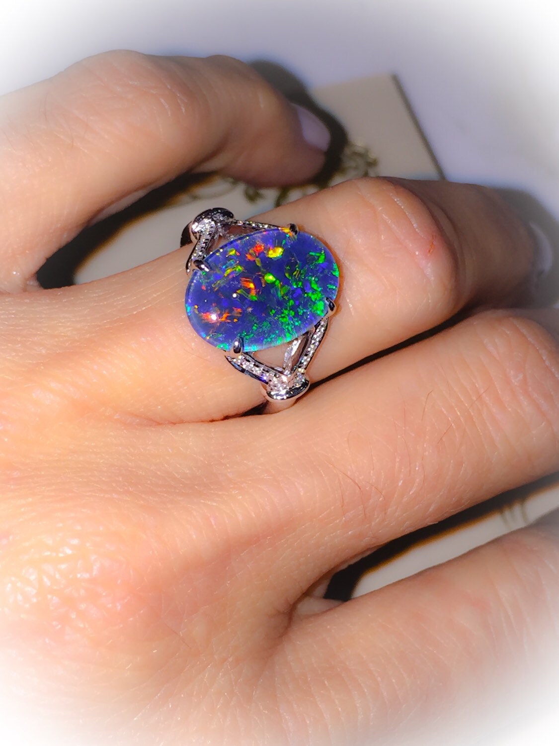 Natural Opal Ring 18k White Gold & .09ct Genuine Diamond RARE