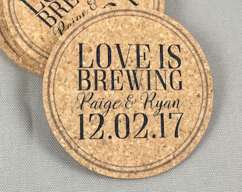Love is Brewing Cork Coaster Wedding Favors for Guests // Distillery Wedding Favors - Personalize with Names and Date