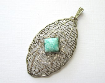 Art Deco FIligree and Peking Glass Pendant