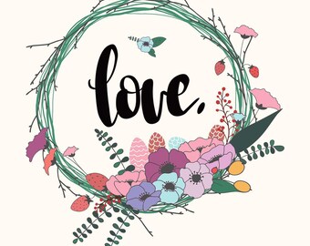 Instant Download - Room/Home Decor - Hand-Lettered Sign "Love" Wreath