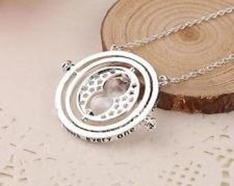 Miniature white silver Time Turner Inspired Hermione Harry Potter Deathly Hollows plated Necklace Chain Gryffindor Charm Spinner handmade