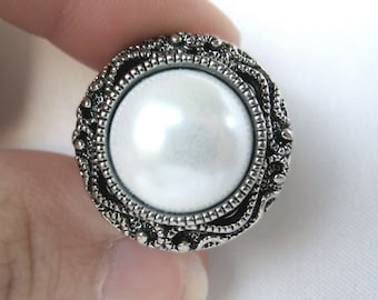 Pair of Antique Silver and Pearl Button Plugs - Handmade Girly Gauges - Formal Bridal Prom 4g, 2g, 0g, 00g, 7/16", 1/2", 9/16", 5/8", 3/4"