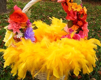 Easter basket, yellow easter basket, feather easter basket, Designs on Holiday, floral easter basket, floral basket, spring basket, Easter