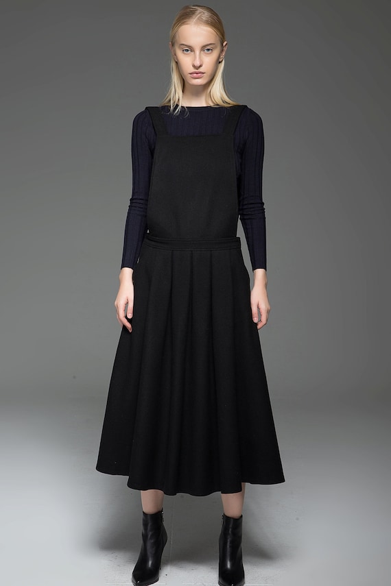 Black Dungaree Dress Pinafore Wool Modern Bib Midi Length