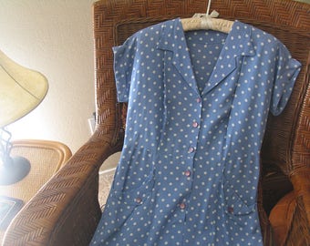 1940s Vintage Blue Polka Dot Day Dress, Periwinkle 40s Polka Dot Day Dress