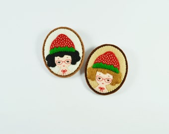 Strawberry Girl Pin / Girl Felt Brooch / Strawberry Brooch / Felt Strawberry Pin / Miniature Portrait / Girl Portrait Brooch