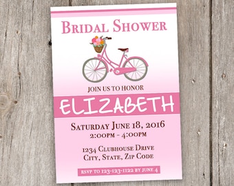 Vintage Bicycle/Pink/White/Brown/5x7/Bridal Shower/Invitation/Printable